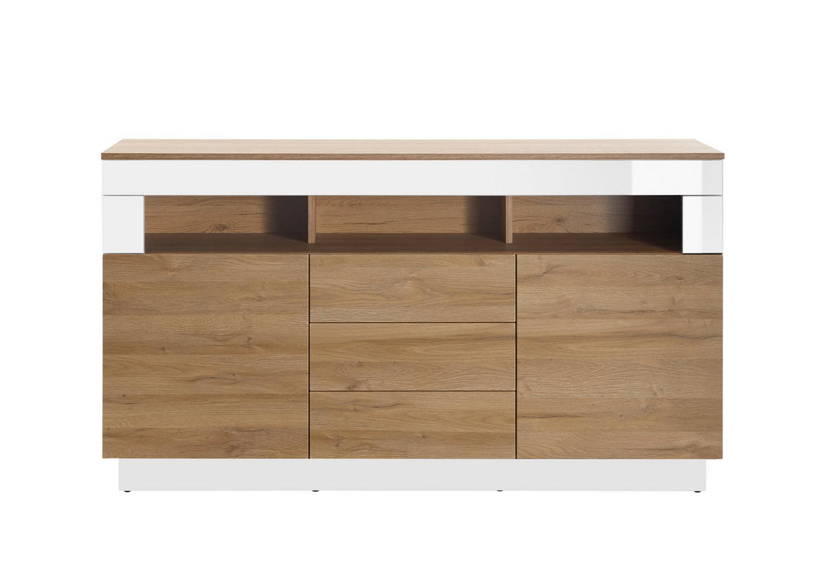 SIDEBOARD M14 Weiß Hochglanz & Grandson Oak hell 149/85/43 cm mittel - Eichefarben/Weiß Hochglanz, Holzwerkstoff (149/85/43cm) - Livojo