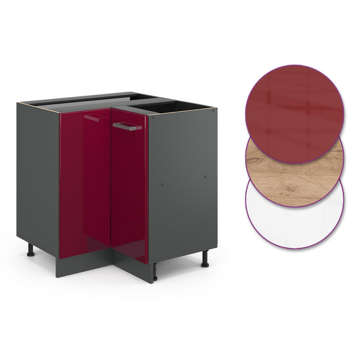 ECKUNTERSCHRANK R-Line Rot Hochglanz 75.6 cm , AP Eiche - Bordeaux/Anthrazit, Holzwerkstoff (75.6/81.6/60cm) - Vicco