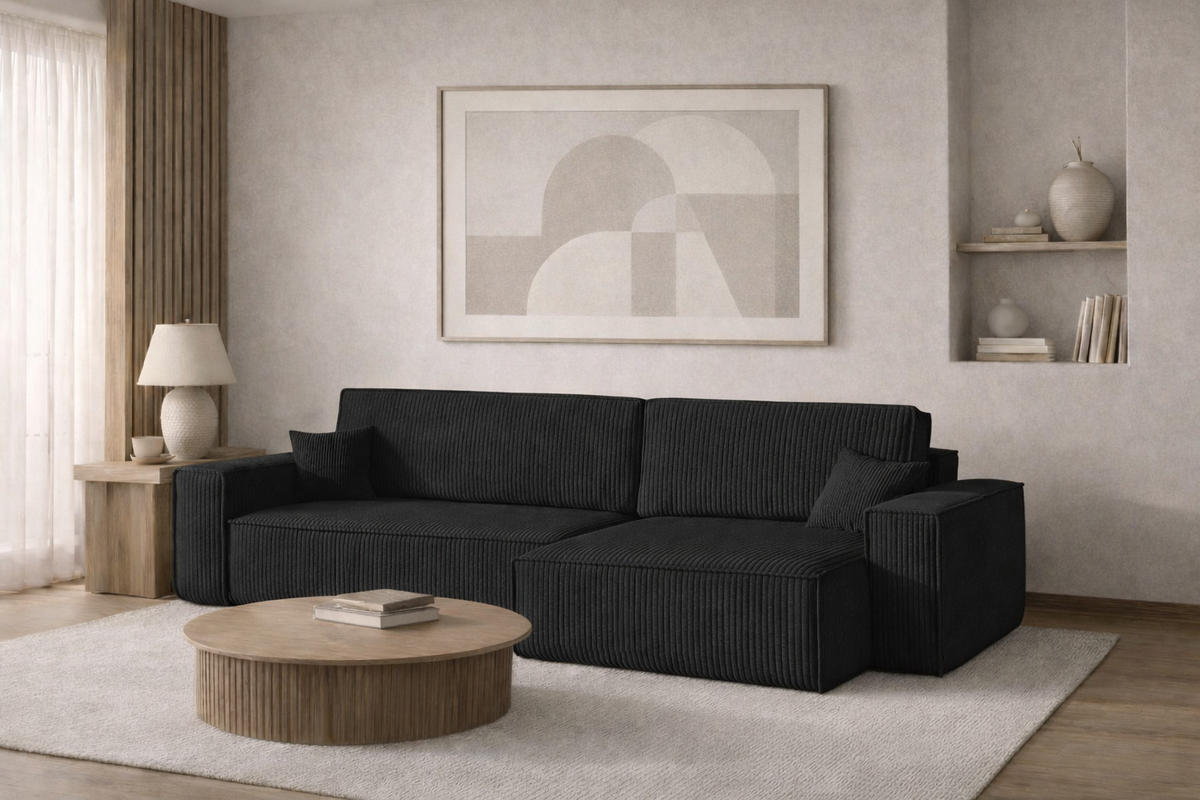 ECKSOFA Mit Schlaffunktion Und Bettkasten, Eckcouch BEST XL Stoff Poso Dicker Cord Schwarz Rechts - Schwarz, Holz/Kunststoff (274/83/142cm) - Kaiser Möbel