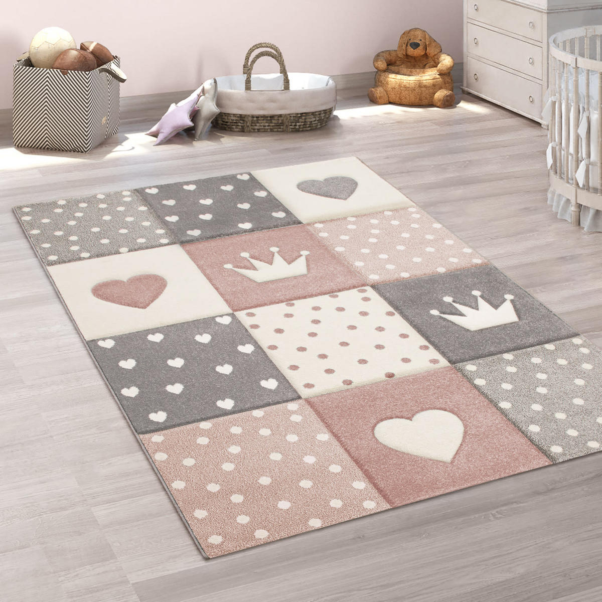 KINDERTEPPICH Herz‑Kronen‑Patchwork‑Muster Kinderzimmer schmutzabweisend Pink Rechteckig 160x230 - Rosa, Textil (160/230cm) - KADIMA DESIGN