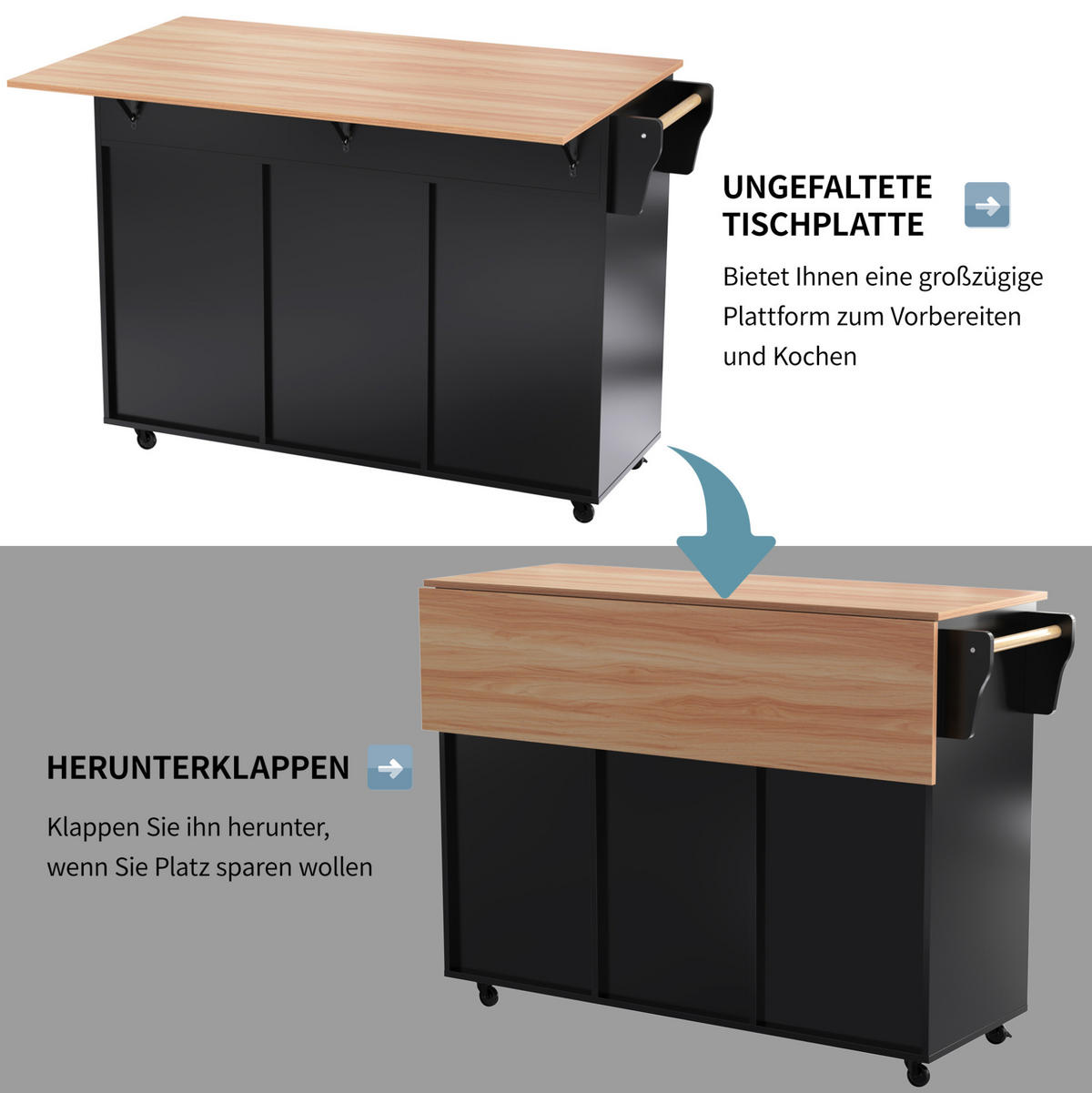 KÜCHENINSELWAGEN 129x71x91.5cm Schwarz Spanplatte mit Falttisch & Schubladen - Schwarz, Holzwerkstoff (129/91.5/71cm) - Modfu