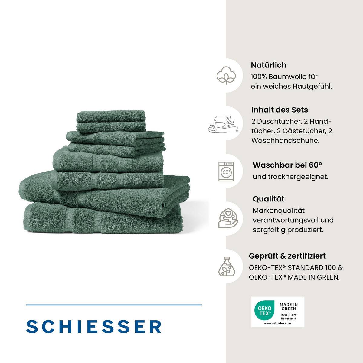 FROTTIERSET Las Palmas - 8-teilig - Seegrün - Grün, Textil (50/100cm) - SCHIESSER