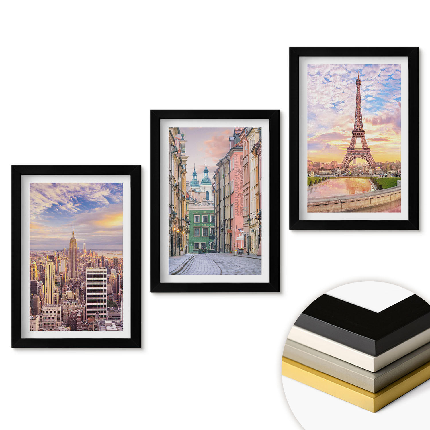 WANDBILDER 3er-Set - 20x30 cm Schwarzer Rahmen - Städte New York Paris Dämmerung - Schwarz, Kunststoff (20/30cm) - ArtPrintCave