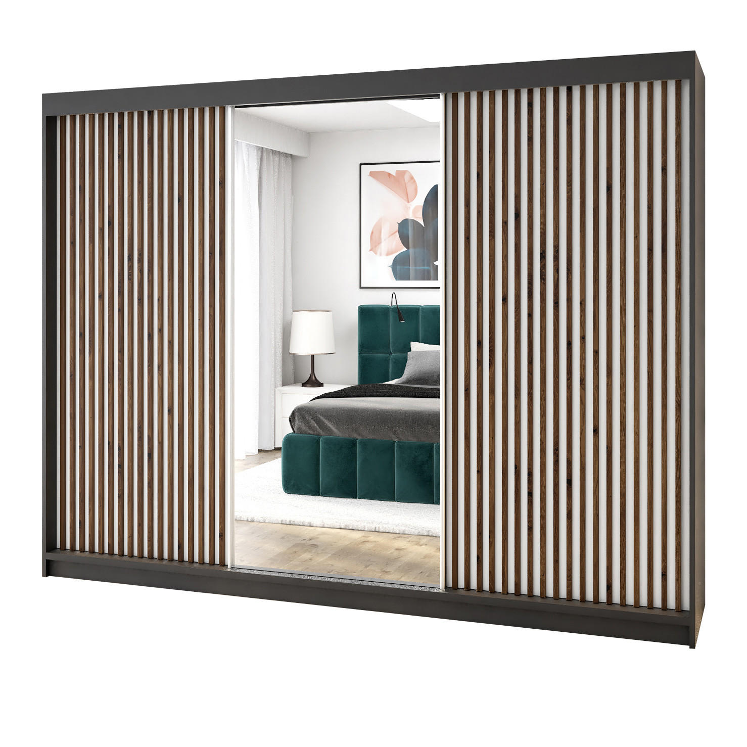 A&J MöbelLand Schwebetürenschrank Schwarz, Weiß 200x215x59.5 cm