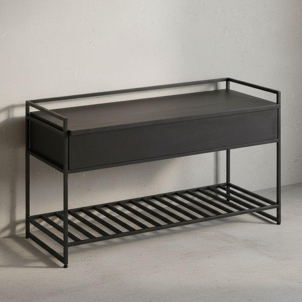 FLURBANK Holz Metall Sitzfläche hochklappbar, Schwarz 90x38x52 cm - Schwarz, Holz/Metall (90/52/38cm) - KADIMA DESIGN
