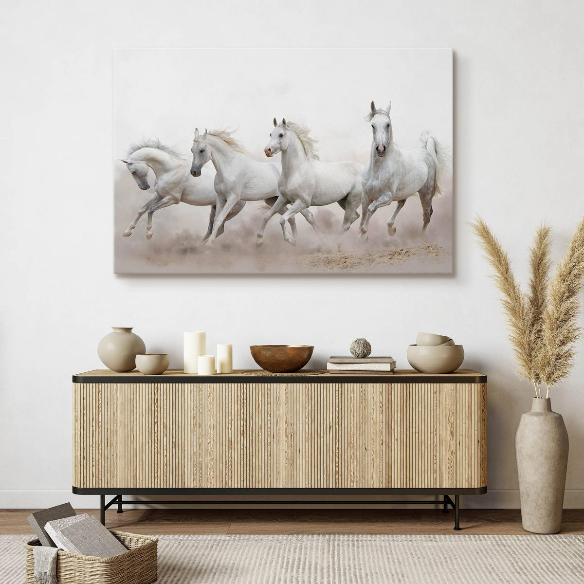 LEINWANDBILD Pferde im Galopp Wüste Tiere 3D Effekt 100x70 - Beige/Schwarz, Textil (100/70cm) - Muralo