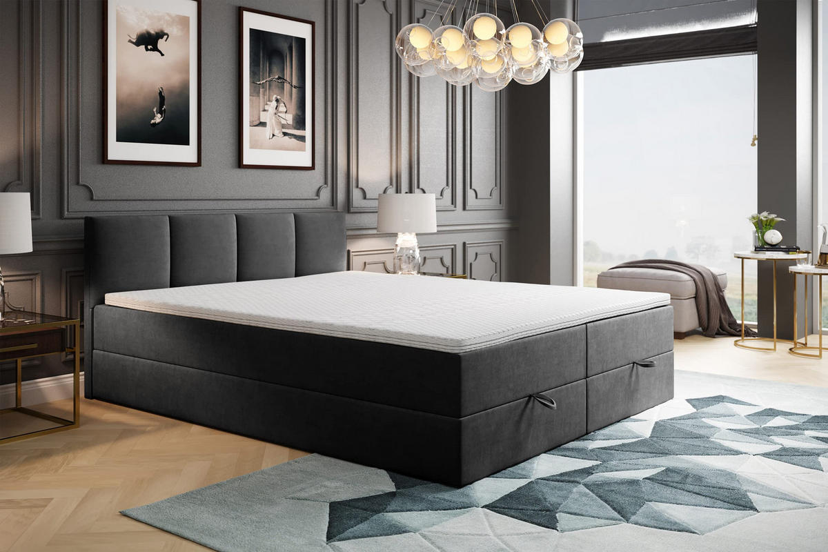 BOXBETT mit Bettkasten und Bonellmatratze - ROYAL - Elegant Bett mit Topper - 140x200 cm - Dunkelgrau - Dunkelgrau, Holzwerkstoff/Kunststoff (140/200cm) - Trada