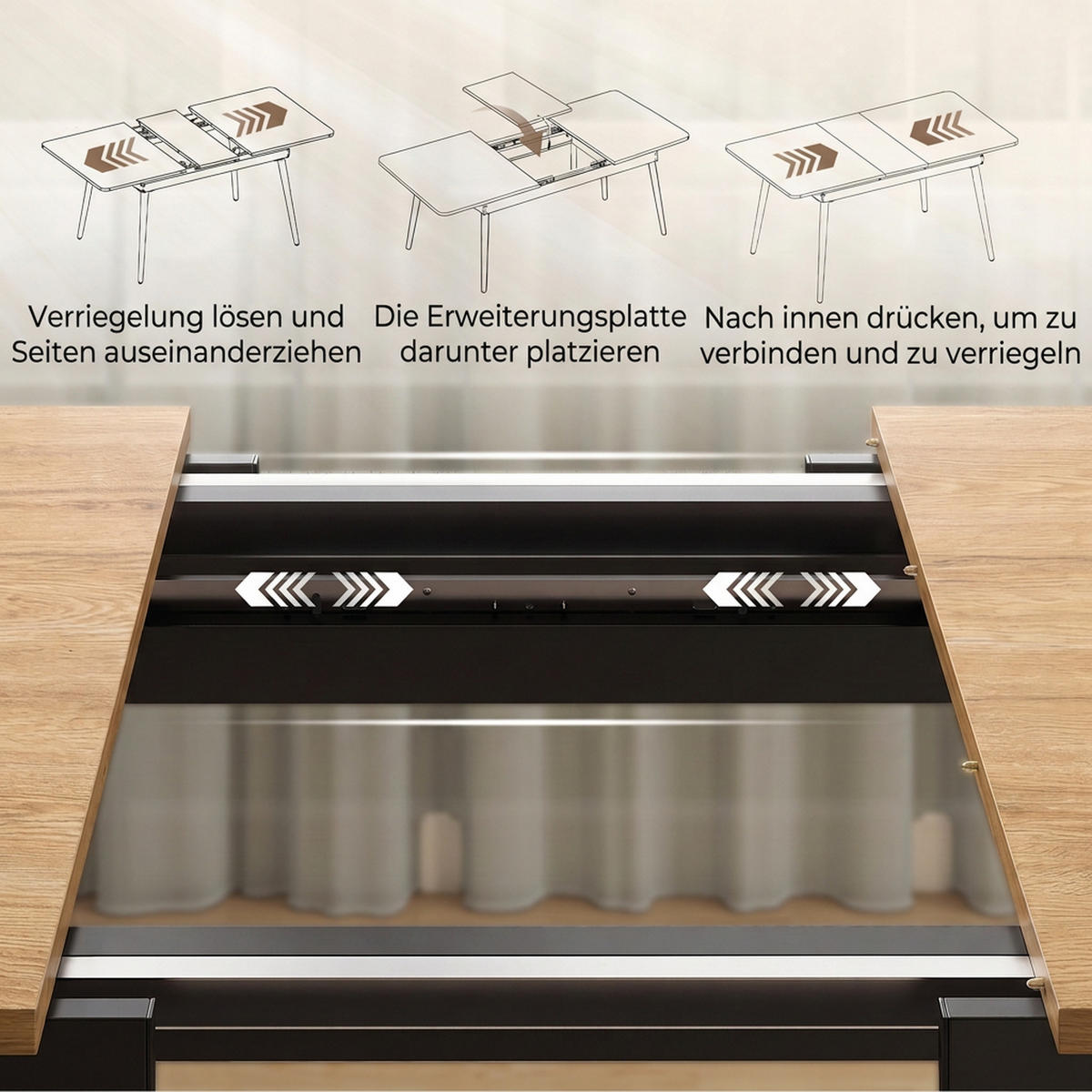 AUSZIEHBARER-ESSTISCH MDF Metall Eiche - Eichefarben/Schwarz, Holzwerkstoff/Metall (160/85/75cm) - HOMCOM