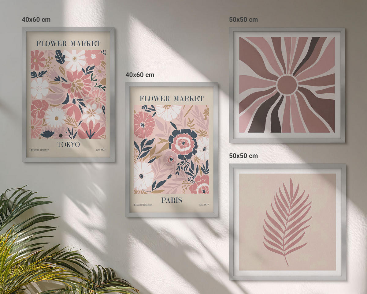 BILDER SET 4er Set - 50x50 cm & 40x60 cm Silberner Rahmen - Blumenmuster, Blätter, Geometrie - Silberfarben, Kunststoff (50/50cm) - TULUP