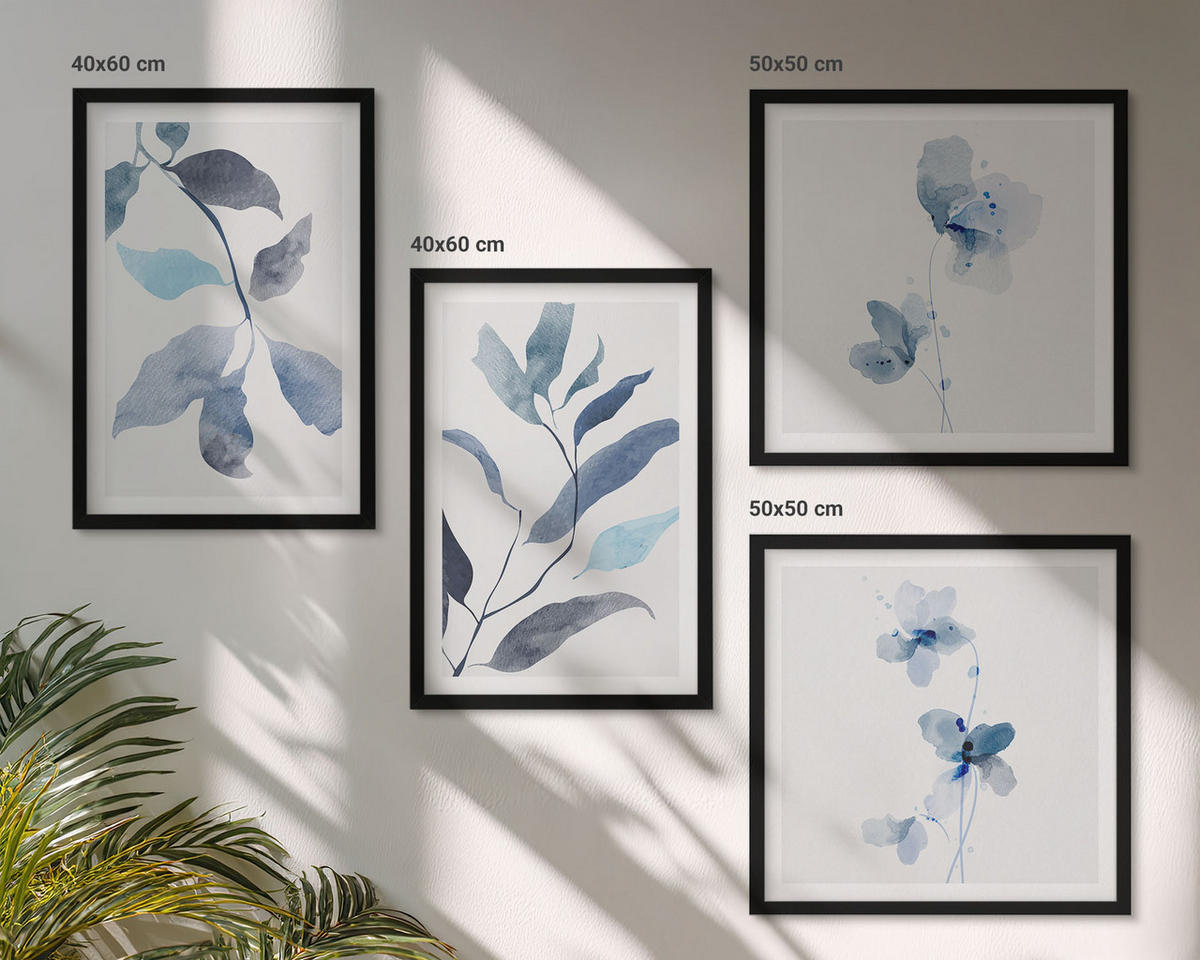 BILDER SET 4er Set - 50x50 cm & 40x60 cm Schwarzer Rahmen - Aquarell von blauen Blättern - Schwarz, Kunststoff (50/50cm) - TULUP