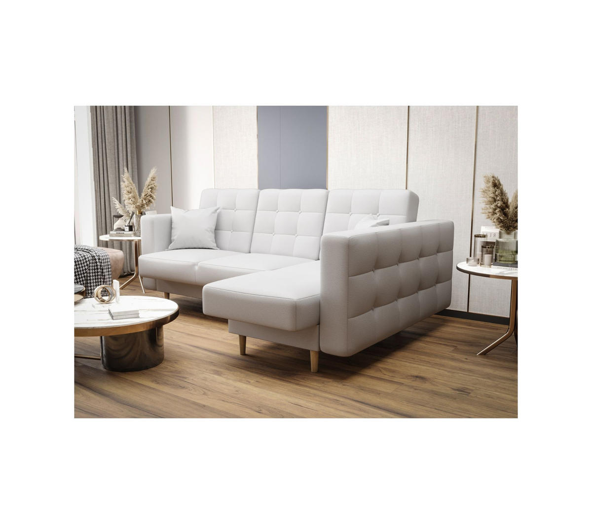 ECKSOFA KONGO RBN12, Eckcouch in L-Form mit Schlaffunktion, Farbe: Weiß, Kunstleder, Ottomane Rechts - Weiß, Textil (225/158cm) - O-Sofa