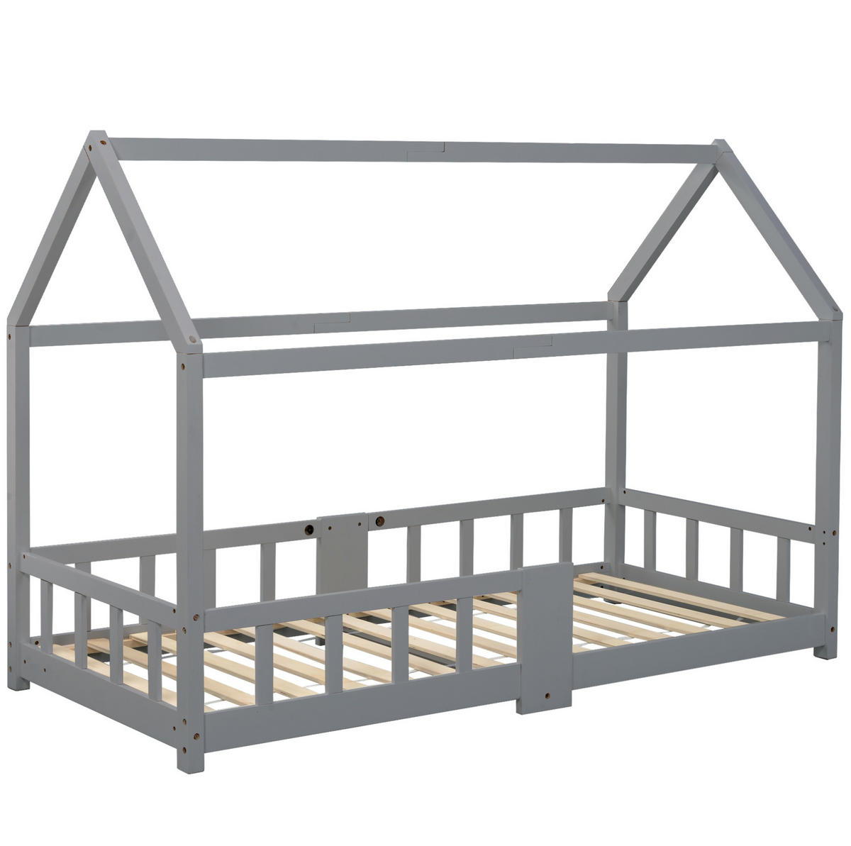 KINDERBETT Hausbett 90/200 cm mit Tafel, Lattenrost und Rausfallschutz aus Kiefernholz, Grau - Grau, Holzwerkstoff - Redom
