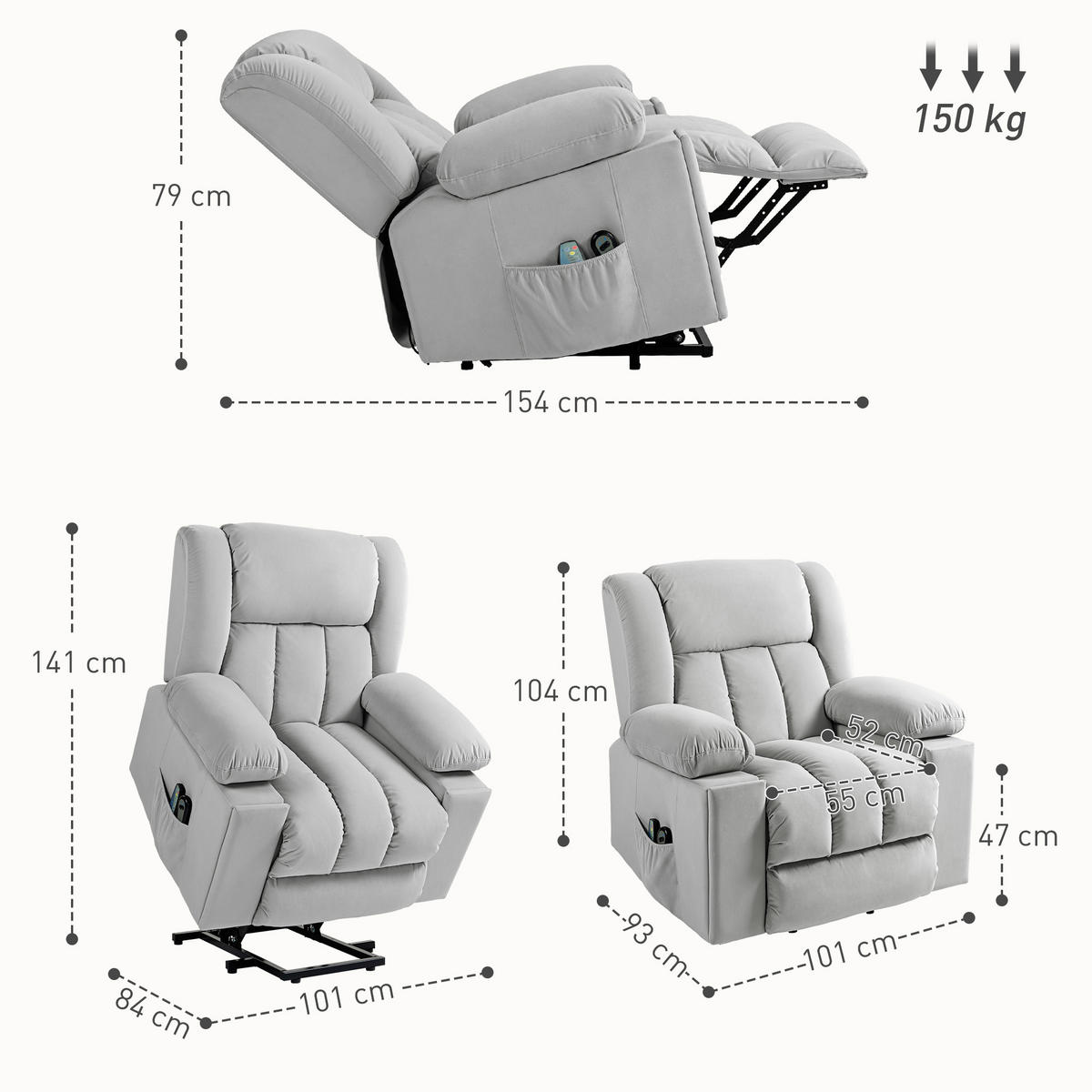 FERNSEHSESSEL mit Aufstehhilfe Relaxsessel mit Massage-/ Wärme-/Liegefunktion - Hellgrau, Textil (93/104/101cm) - HOMCOM