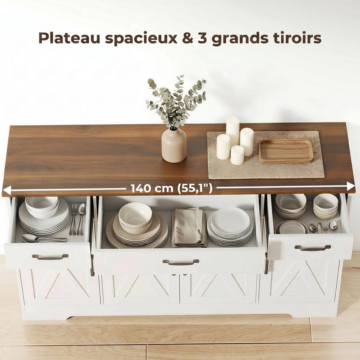 SIDEBOARD DE-11298 Landhausstil, 4 Scheunentüren Weiß - Weiß, Holzwerkstoff (140/81/40cm) - ComfortXL