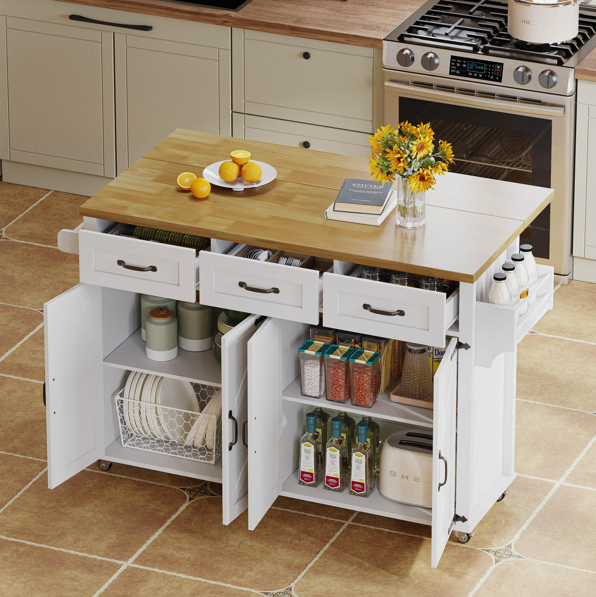 KÜCHENINSEL mit klappbarer Arbeitsplatte 140x43(70)x90,5 cm White/Natural - Weiß, Holz (70/90.5/140cm) - Beauniv