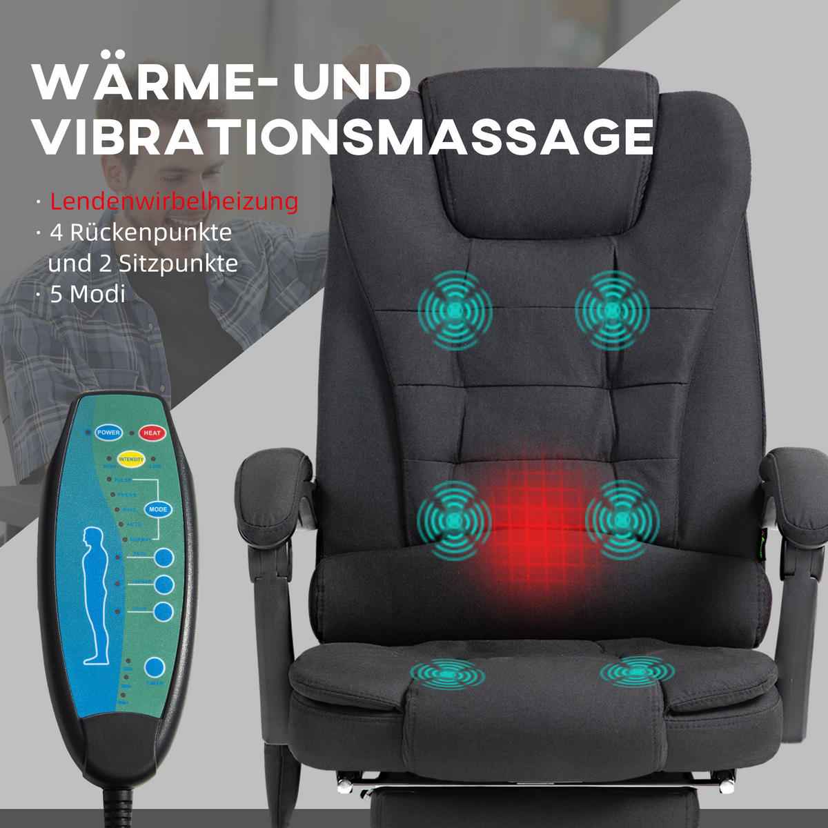 CHEFSESSEL Schwarz, Massage, Wärmefunktion, Fußstütze - Schwarz, Metall (70/119/65cm) - SHOPENTRA