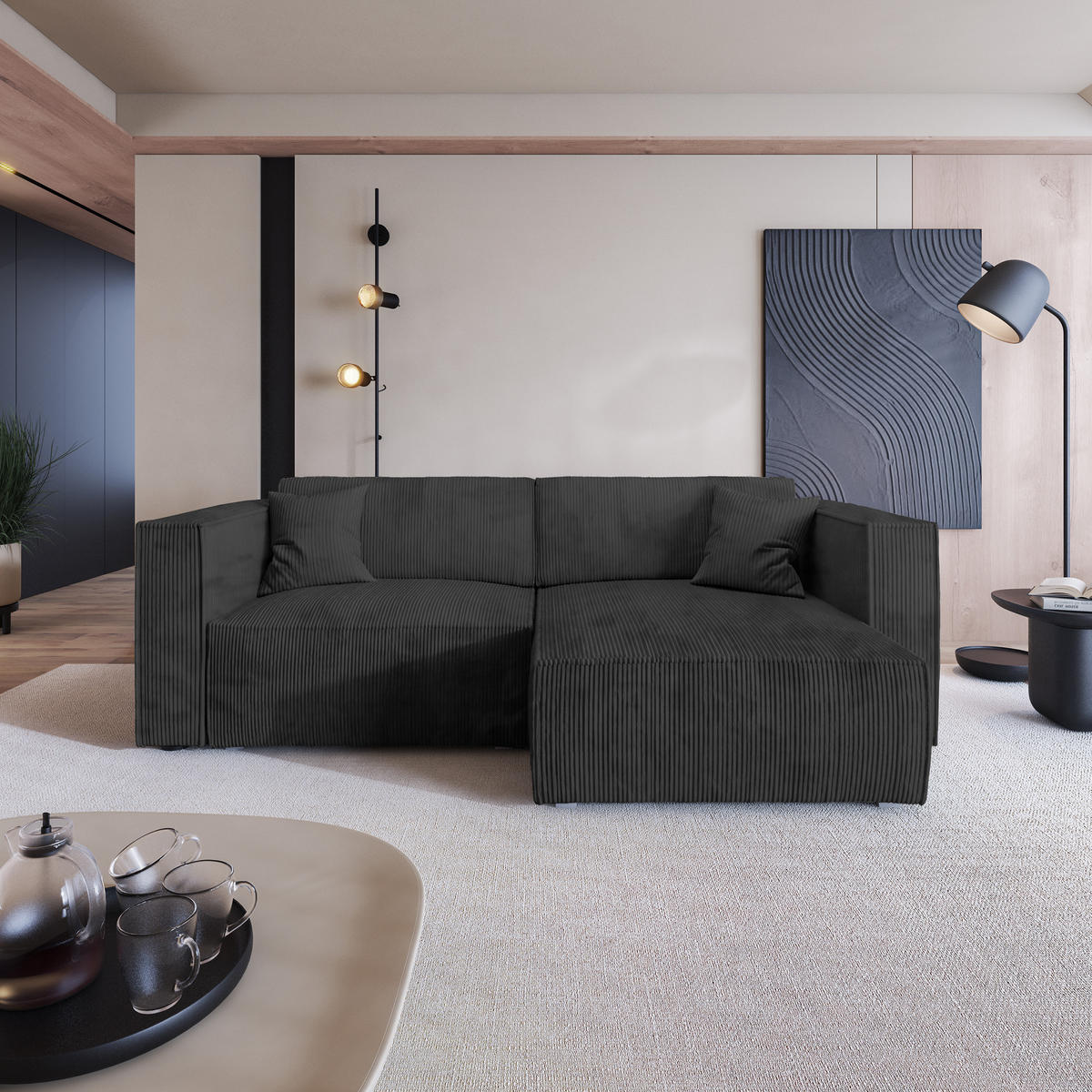 ROHOVÁ SEDAČKA NERIO černá - šedá/černá, dřevo/textil (245/148cm) - MASSENO