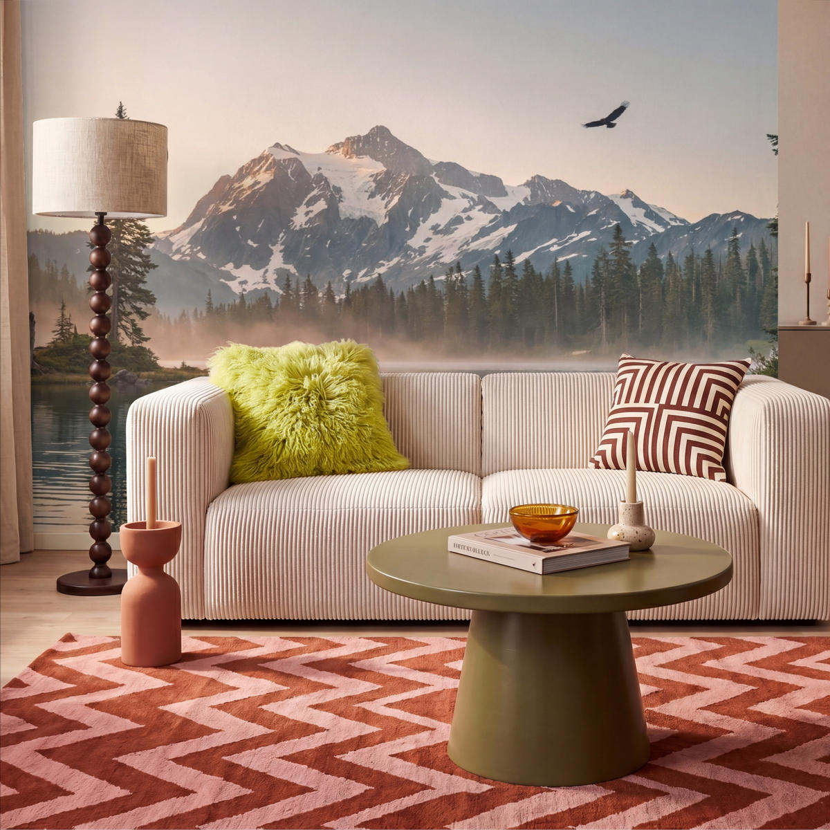 TAPETE - Berge - Wasser - Bäume - 300x200 cm - Multicolor, Papier (300/200cm) - OnlyWow