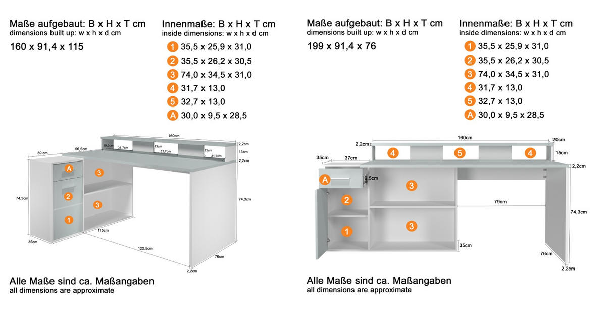 SCHREIBTISCH grau, weiß 160 - 200 x 92 cm, Eckschreibtisch mit Stauraum - Silberfarben/Weiß, Holzwerkstoff/Kunststoff (115/160/92cm) - Top.Furn
