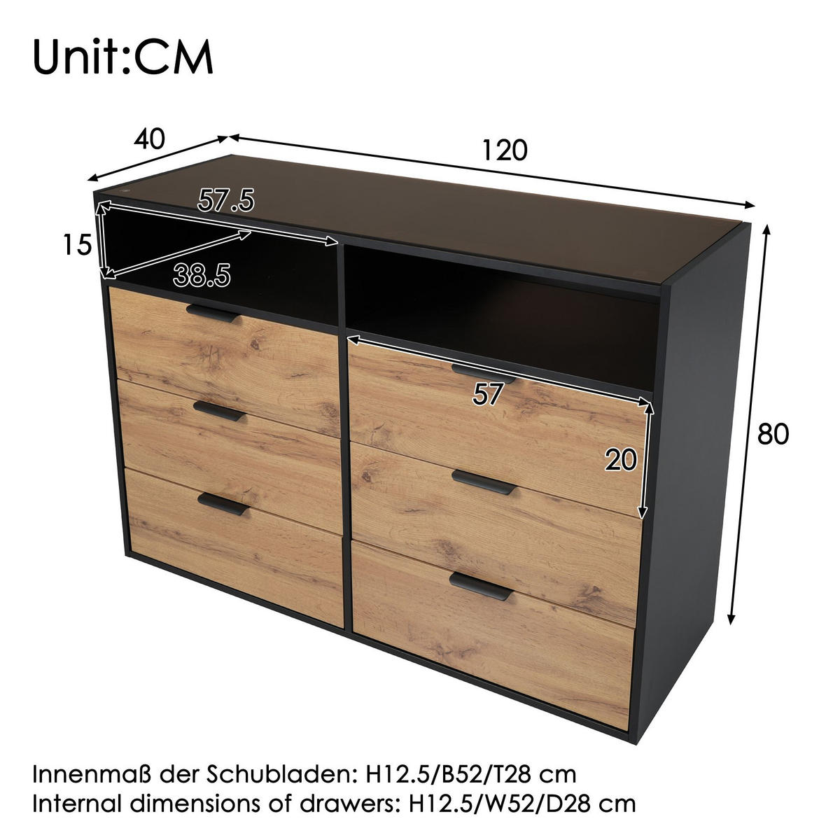 KOMMODE mit 6 Schubladen und 2 Fächern，Eiche - Alteiche, Holzwerkstoff (40/80/120cm) - KOMHTOM