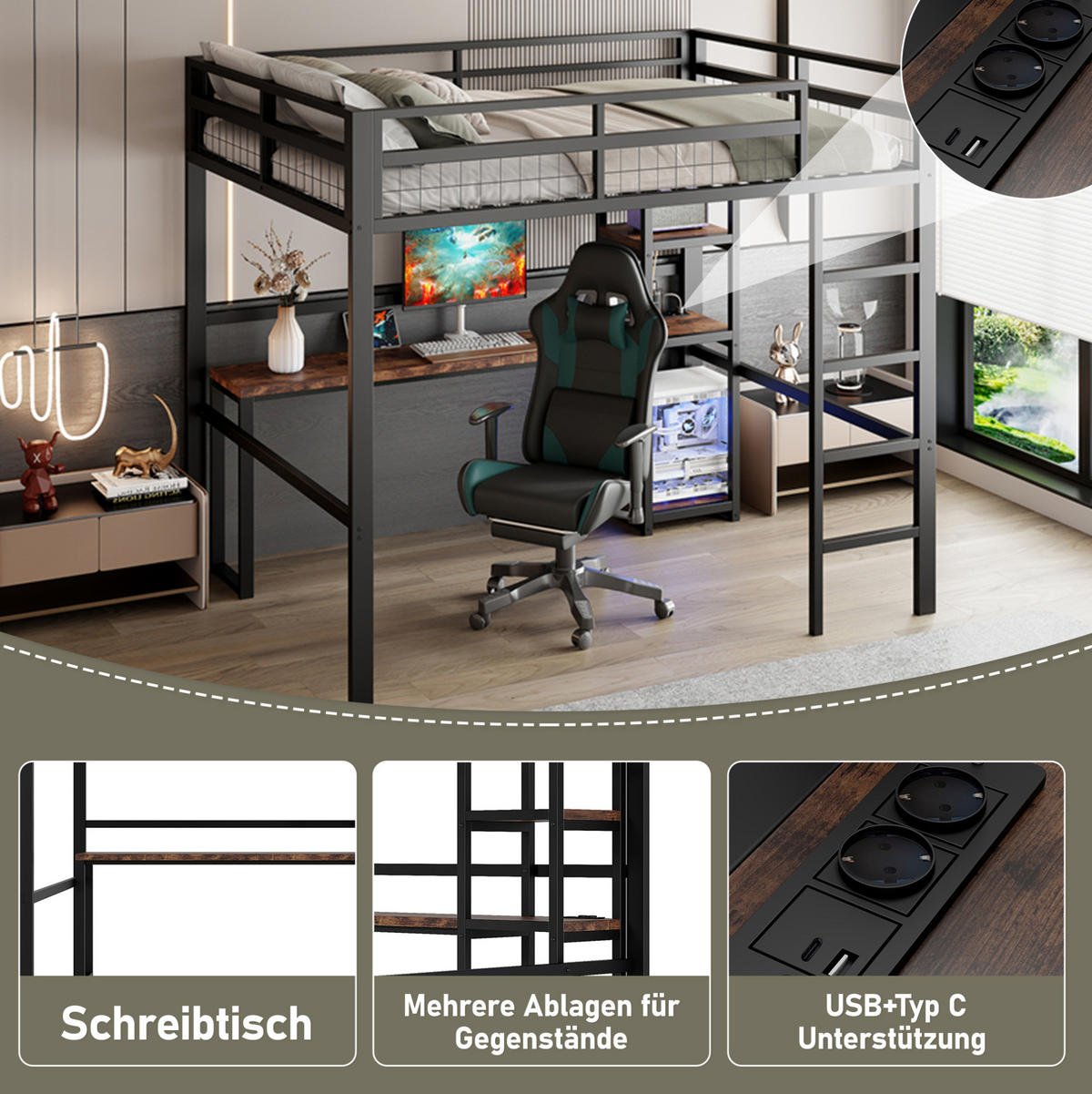 HOCHBETT 140/200 cm Schwarz mit Schreibtisch und USB-Anschluss - Schwarz, Metall (140/200cm) - OKWISH