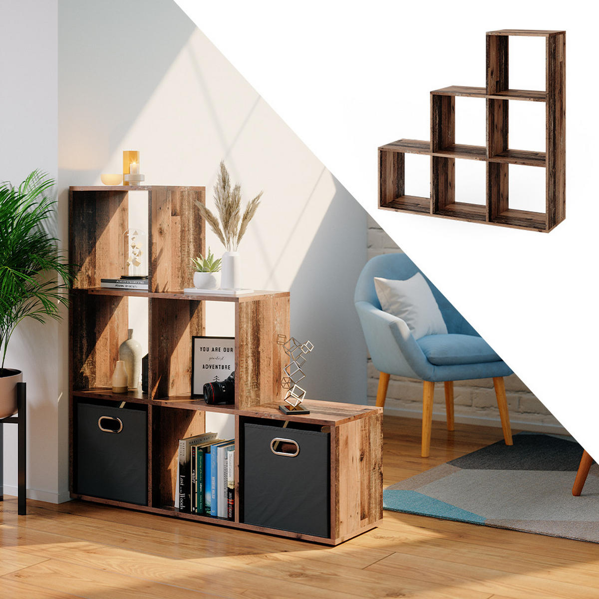 TREPPENREGAL Antikholz 107.2 x 107.8 cm - Eichefarben, Holzwerkstoff (107.2/107.8/29cm) - Vicco