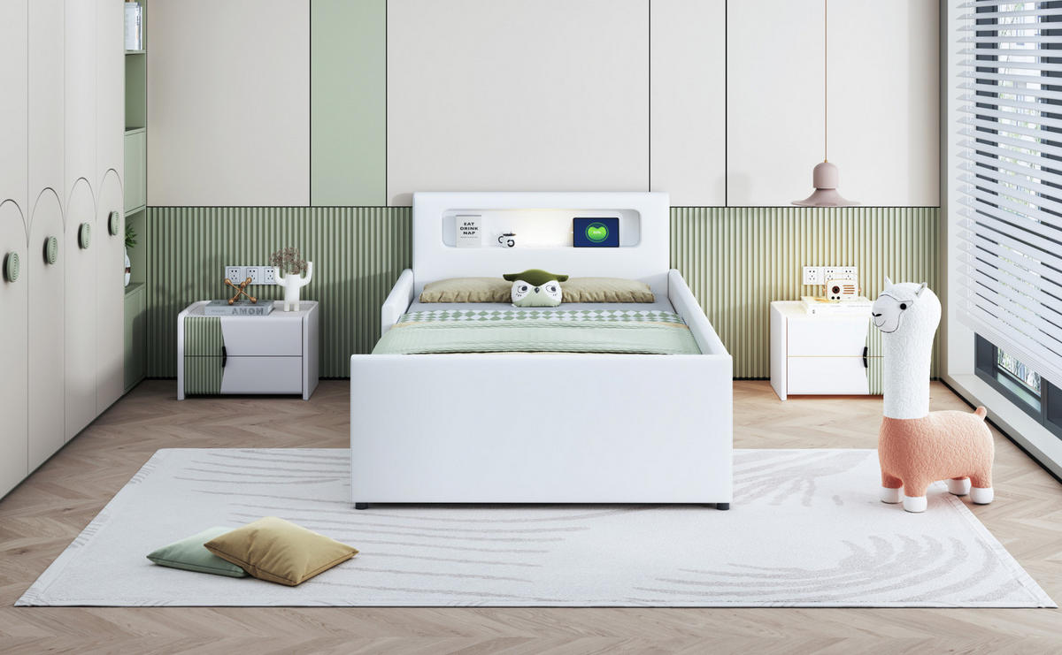 POLSTERBETT 90/200 cm Weiß aus Kunstleder mit Nachtlicht und USB-Ladeanschluss - Weiß, Textil (90/200cm) - OKMYHOME