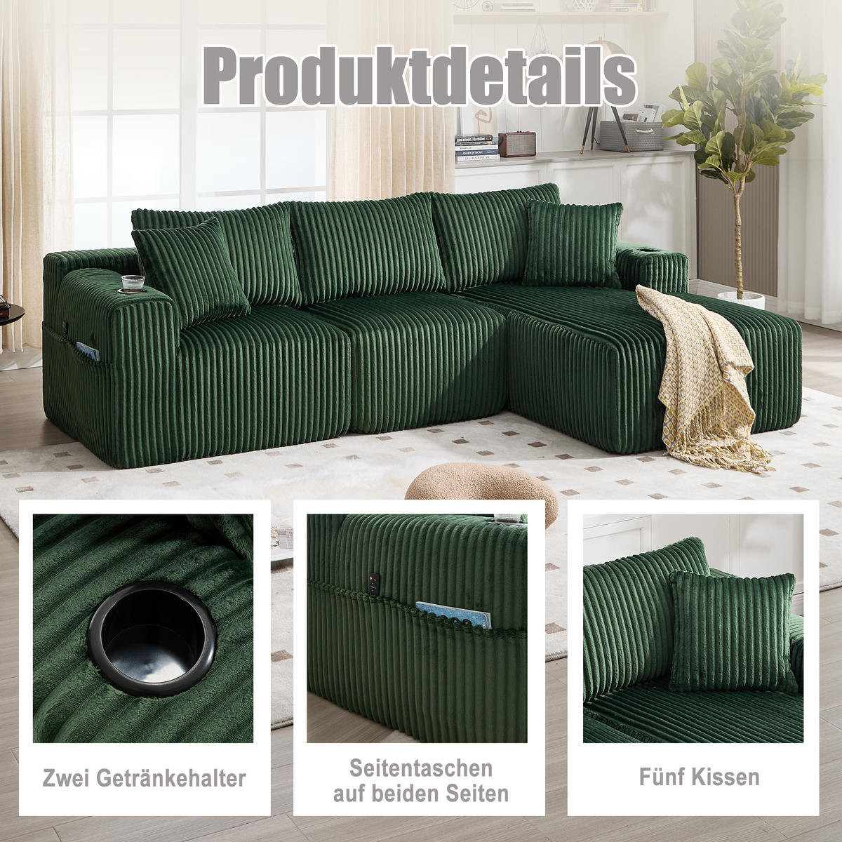 MODULARES Sofa-Set Cord mit Chaiselongue Taschen und Getränkehalter 257/90 160/62 cm Smaragdgrün - Smaragdgrün, Textil (160/257cm) - Redom