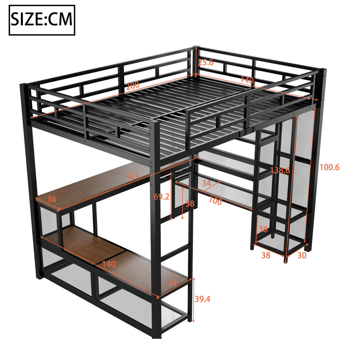 HOCHBETT 140/200 cm in Schwarz mit Schreibtisch, Regal und LED - Schwarz, Holzwerkstoff/Metall (140/200cm) - WISHDOR