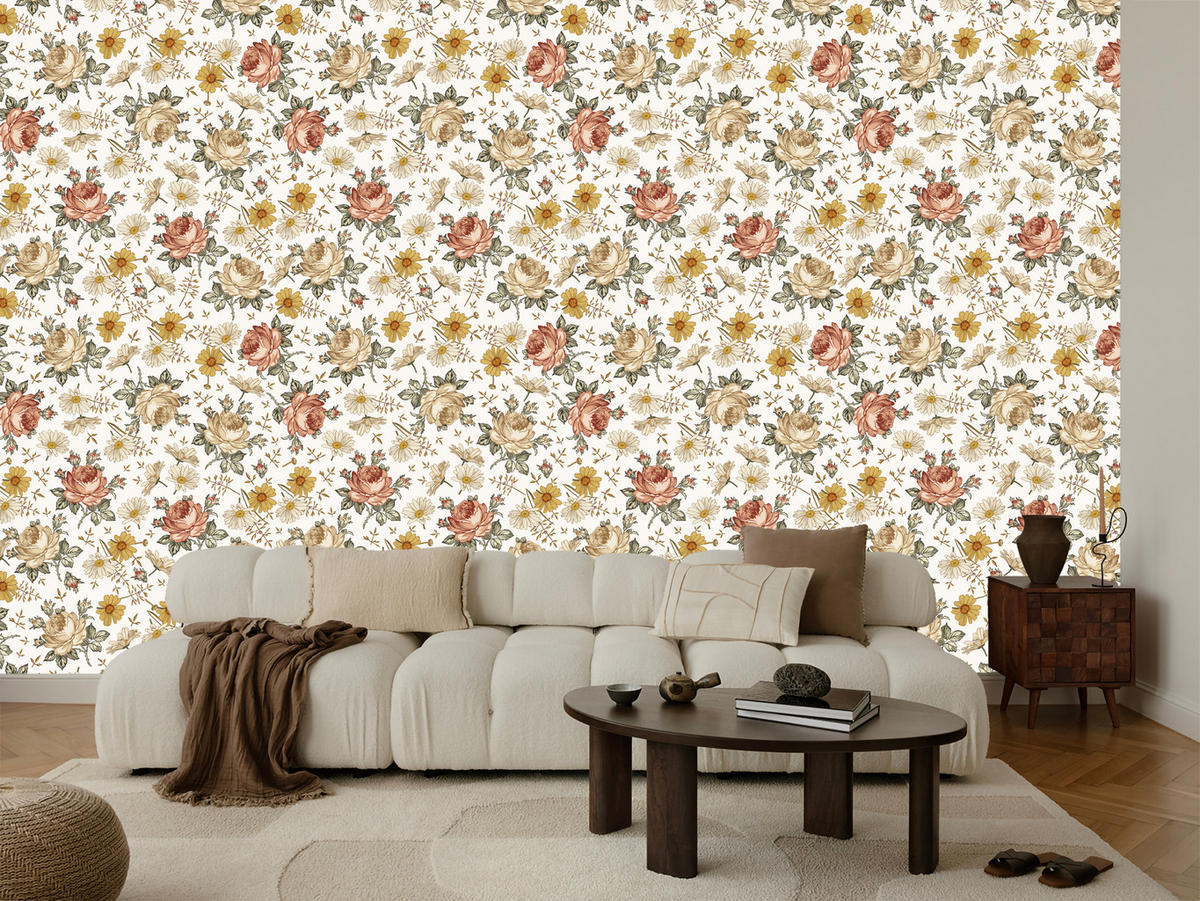VLIESTAPETE Rosen und Kamillenblüten – Rosa, Gelb, Weiß – 50x1000 cm - Gelb/Rosa, Papier (50/1000cm) - Muralo