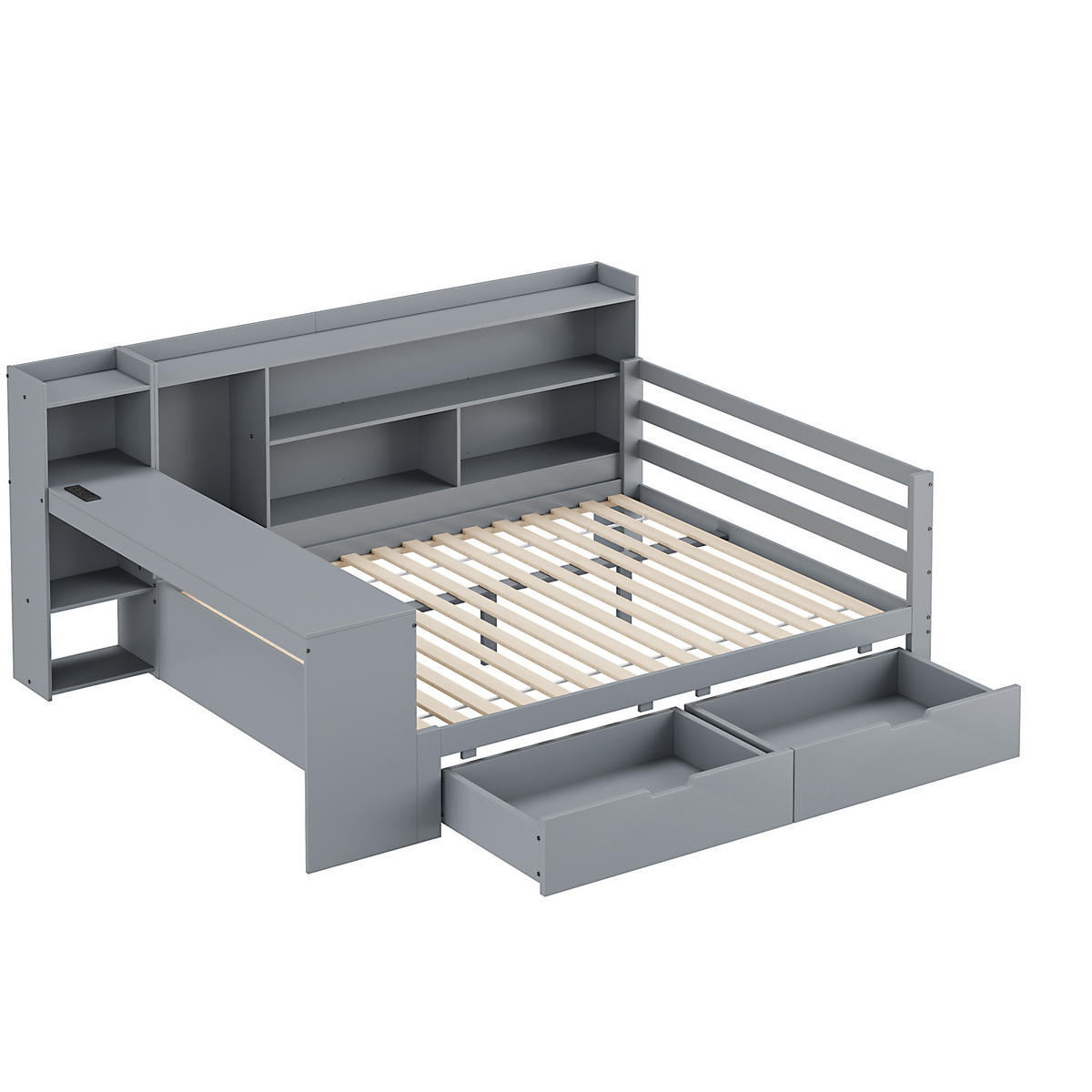 BETT aus Massivholz 140/200 cm mit Schreibtisch und Regalen grau - Grau, Holz (140/200cm) - OKWISH