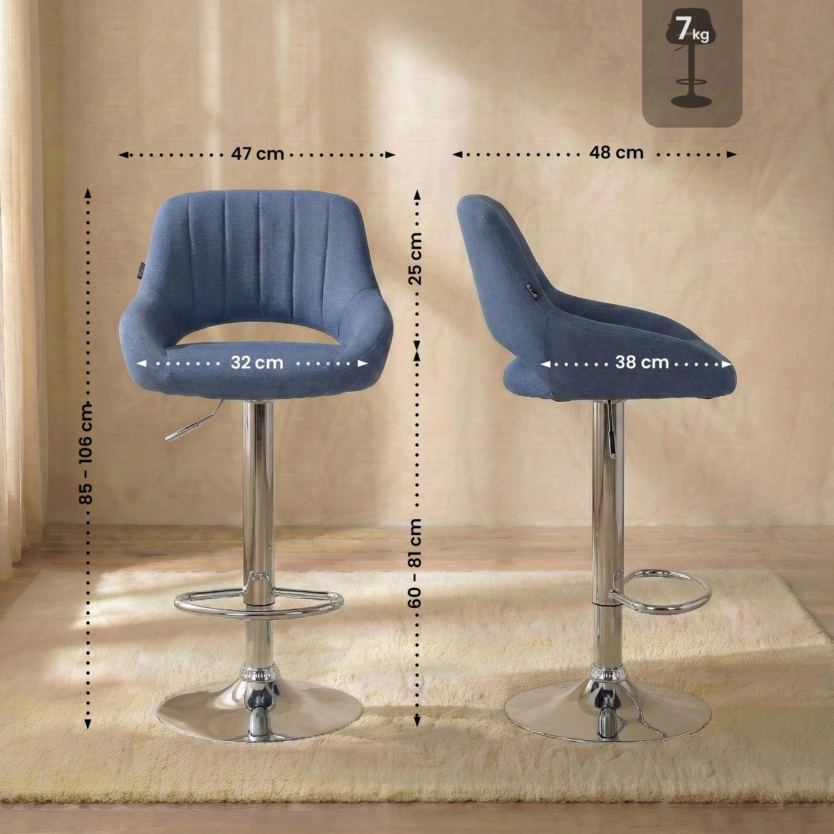 BARHOCKER Stoff Blau - Chromfarben/Blau, Textil/Metall (47/85/48cm) - CLP