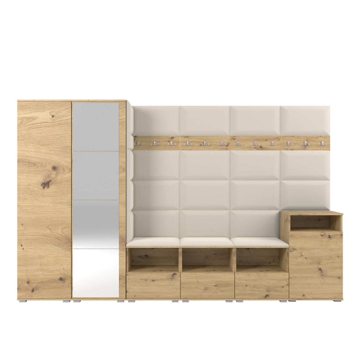GARDEROBE NELA XII 300 cm (Modulare Flurmöbel Artisan Eiche mit Spiegel & Sitzpolster Creme 01 Gigantisches Set) - Silberfarben/Creme, Holz/Holzwerkstoff (300/187/40cm) - Ravio