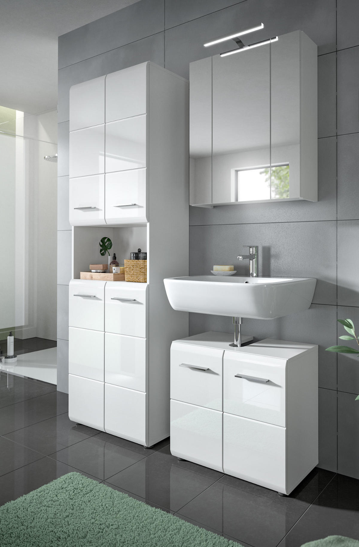 HOCHSCHRANK weiß Hochglanz, Badschrank 60 cm mit 7 großen Stauraum-Fächern - Weiß Hochglanz/Silberfarben, Holzwerkstoff/Kunststoff (60/185/30cm) - Inn.Furn