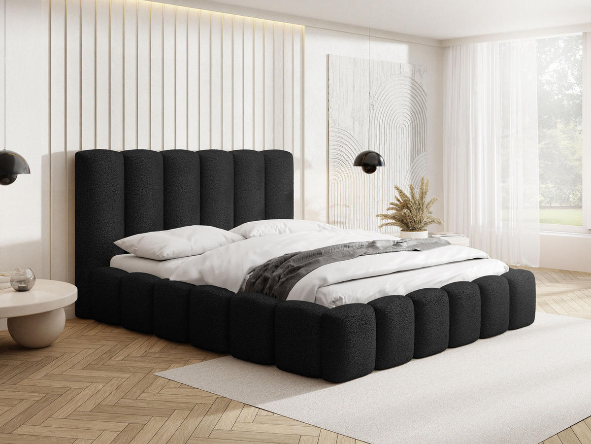 POLSTERBETT Serenity mit Bettkasten, Schwarz Boucle 120x200 cm - Birkefarben/Schwarz, Holzwerkstoff/Kunststoff (120/200cm) - WFL GROUP
