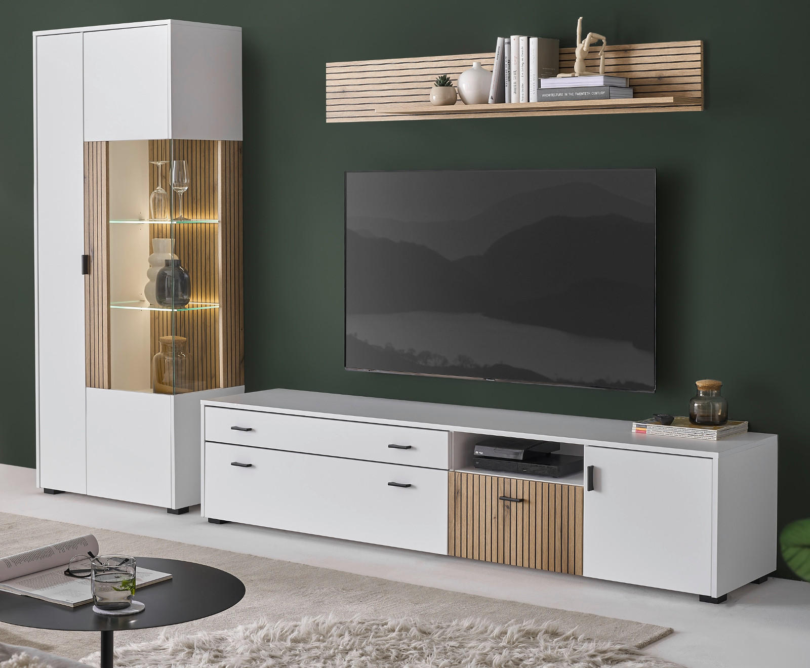 WOHNWAND weiß matt, Eiche Set 3-teilig 285 x 180 cm, Schrankwand mit Soft-Close-Funktion - Schwarz/Weiß, Glas/Holzwerkstoff (285/180/42cm) - Furn.Design