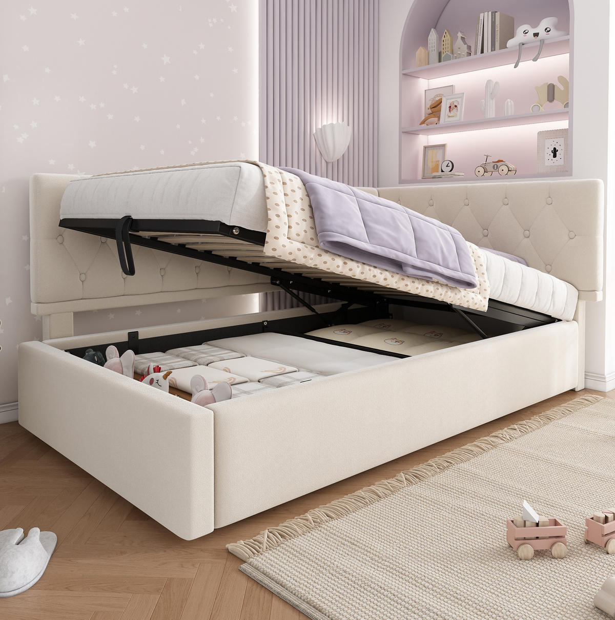BETT mit hydraulischem Stauraum 90x190 cm Samt Beige - Beige, Metall (90/190cm) - Beauniv