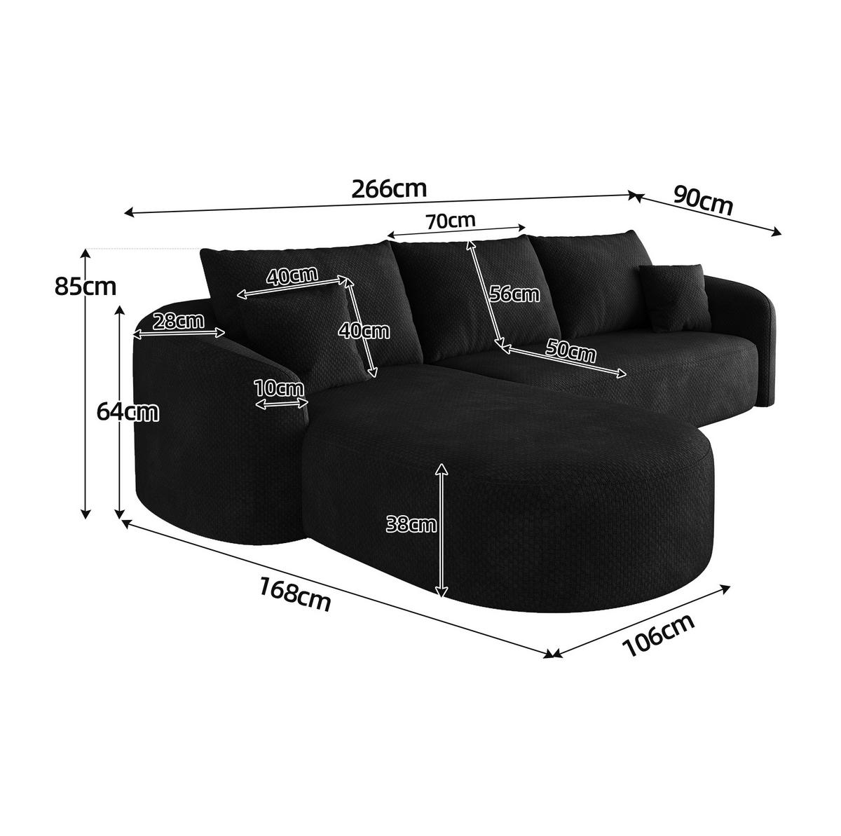 ECKSOFA 266/168/85 cm schwarz aus Stoff ohne Montage - Schwarz, Textil (168/266cm) - OKWISH