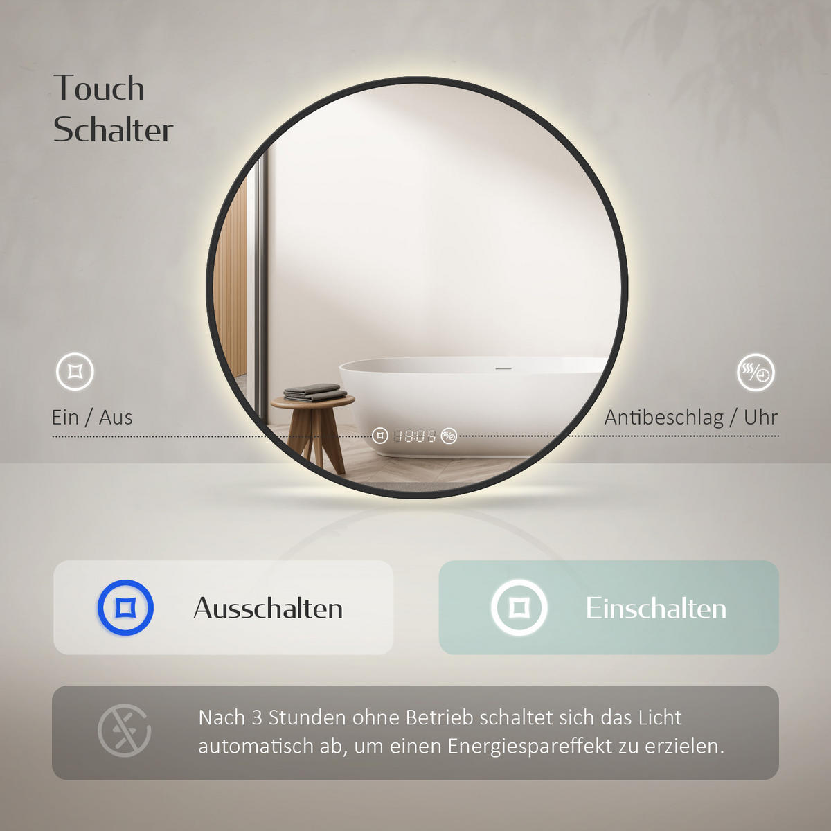 BADSPIEGEL Rund mit Beleuchtung Schwarz ф60 cm - Schwarz, Glas (60/3.1/60cm) - EMKE