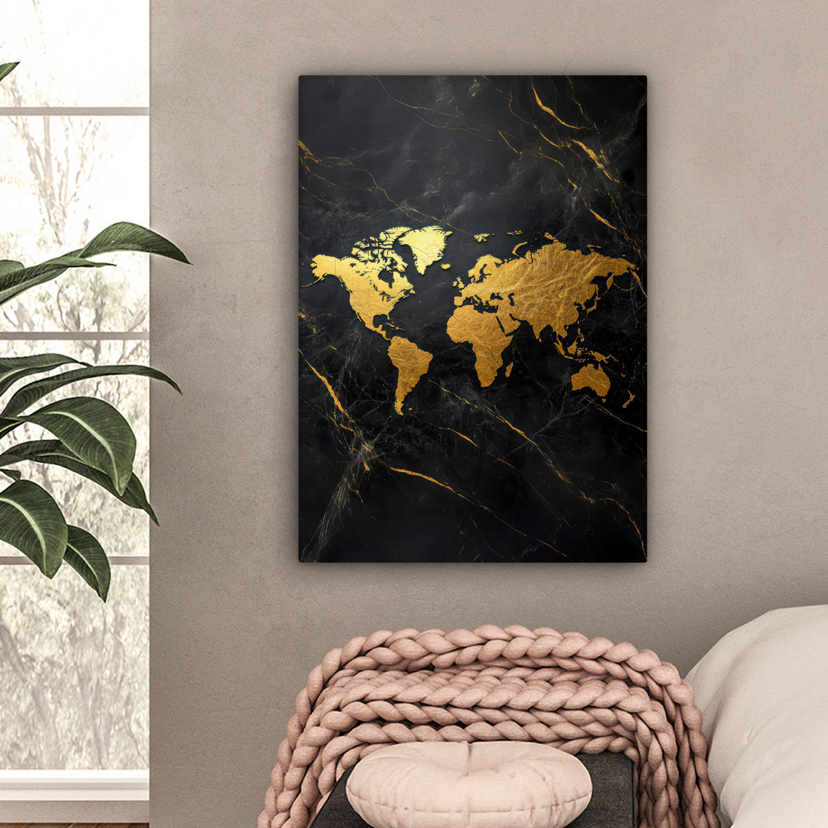 LEINWANDBILD Weltkarte - Gold - Marmor 60x80 cm - Goldfarben, Textil (60/80cm) - MuchoWow