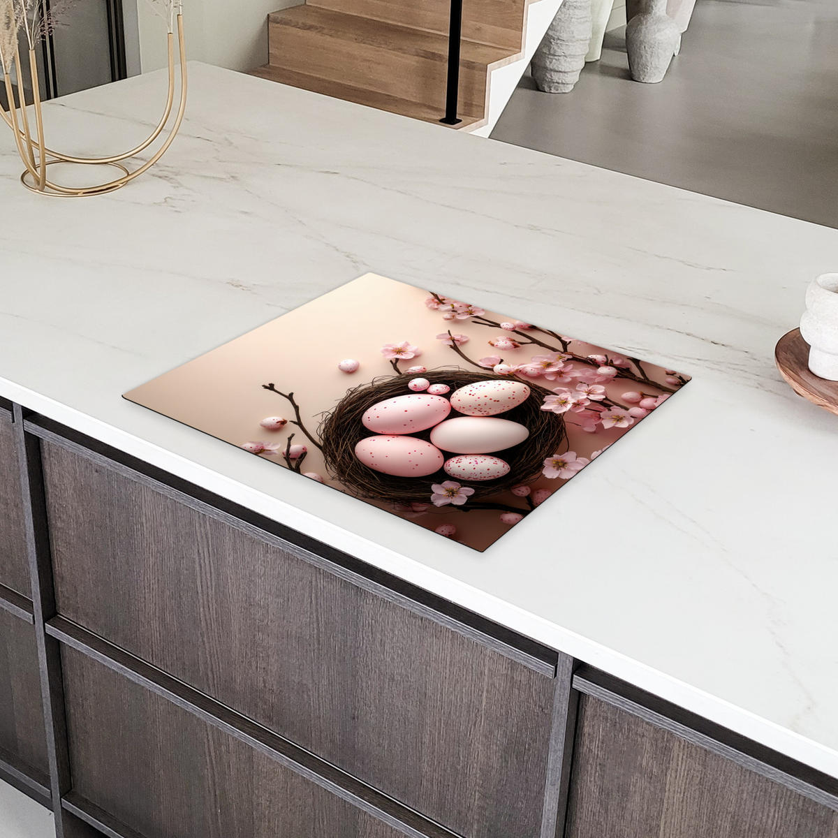 HERDABDECKPLATTE Rosa - Blüten - Eier Herdabdeckung Induktionsfeld 65x52 cm - Hellrosa, Kunststoff (65/52/0.2cm) - MuchoWow