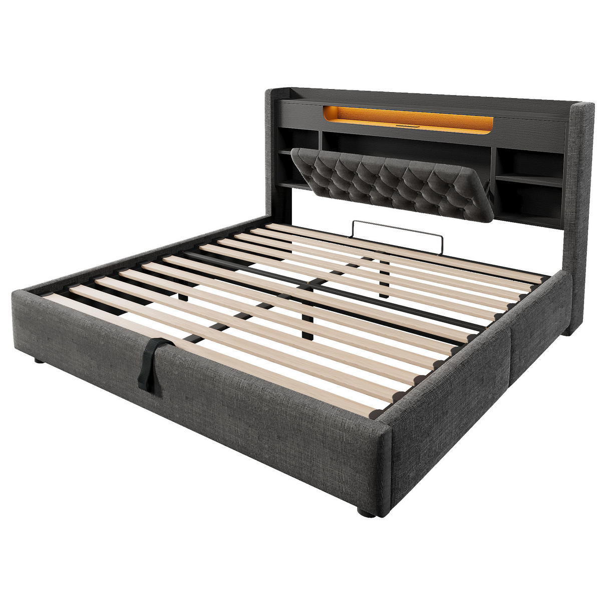 POLSTERBETT 140/200 cm aus Leinen mit Bettkasten LED und USB-C Grau - Grau, Textil (140/200cm) - Modenvie