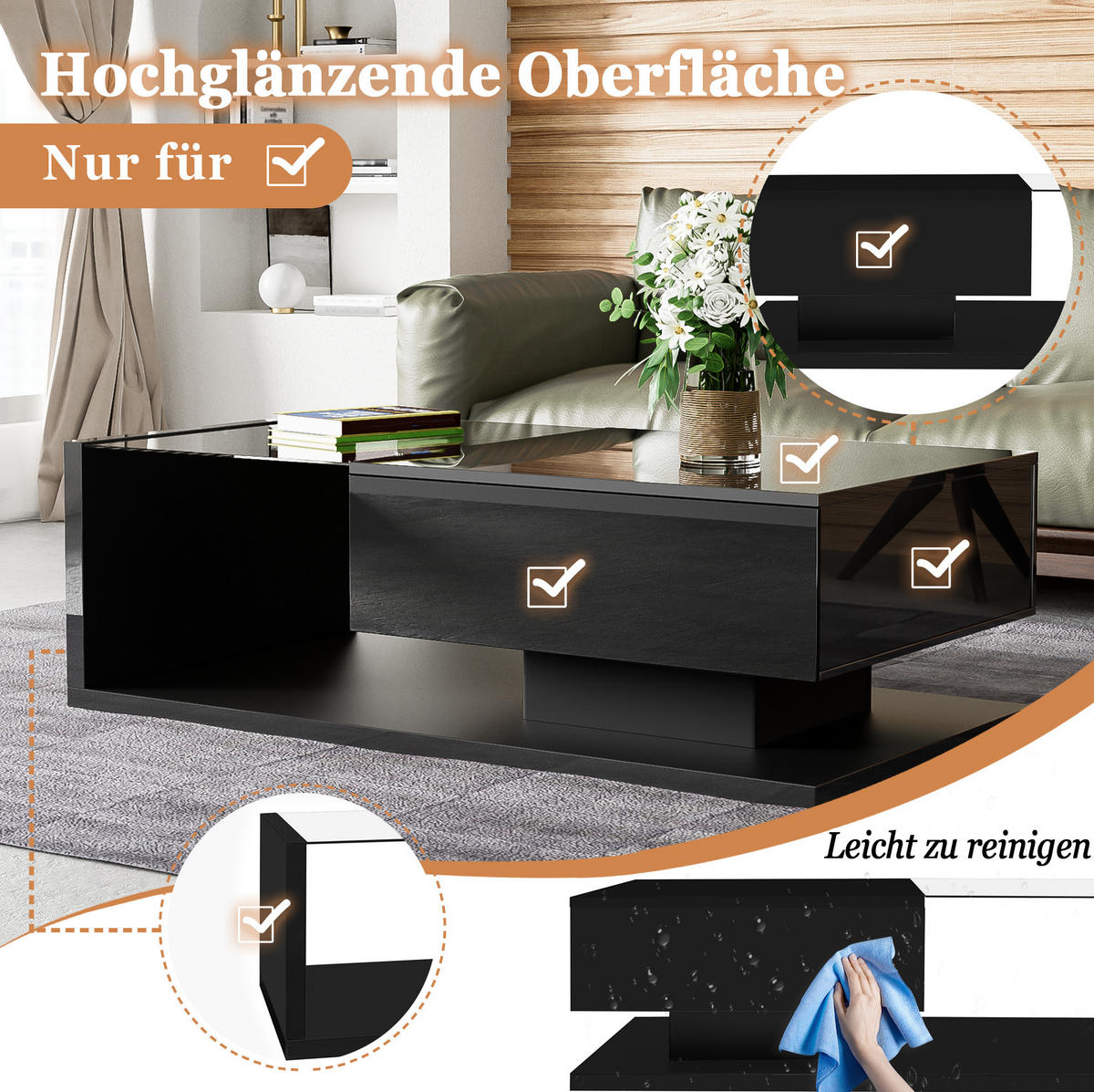 COUCHTISCH aus Spanplatte 105x55x32,5 cm in Schwarz Hochglanz mit LED-Beleuchtung - Schwarz, Holzwerkstoff (105/55/32.5cm) - Modfu