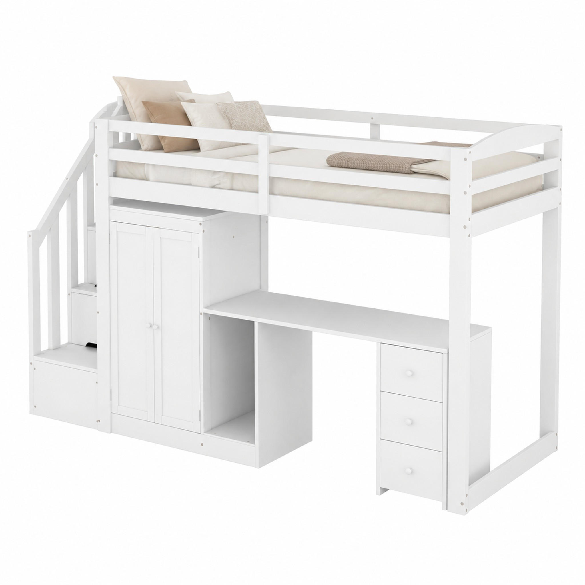 HOCHBETT mit Schreibtisch und Kleiderschrank 90x200 cm Kiefer/MDF Weiß - Weiß, Holz (90/200cm) - Meubliv