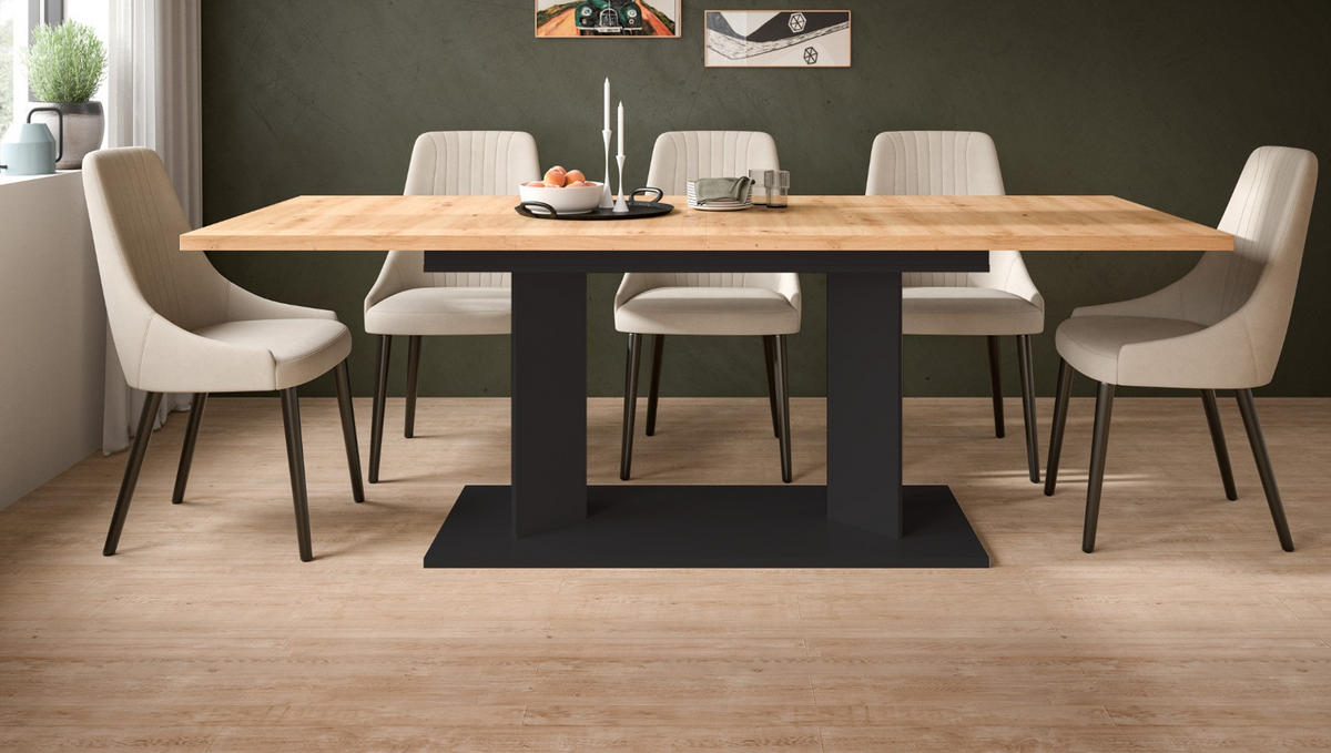 ESSTISCH Eiche Artisan, schwarz 140 - 180 - 220 x 90 cm, Küchentisch 2-fach ausziehbar - Schwarz/Eiche Artisan, Holzwerkstoff (90/140/76cm) - Inn.Furn