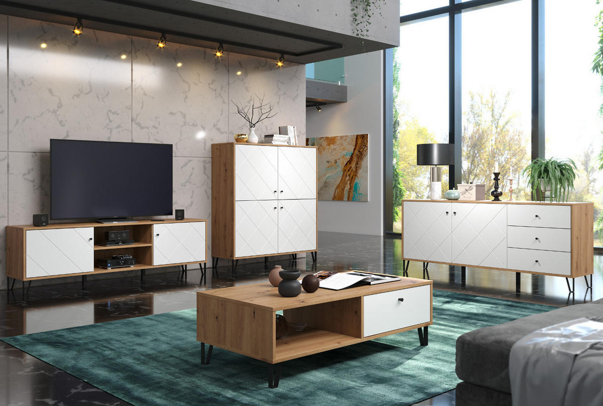 SIDEBOARD weiß matt mit Rautenoptik, Eiche Artisan 183 cm, Kommode mit Soft-Close - Eichefarben/Schwarz, Holzwerkstoff/Kunststoff (183/76/40cm) - Top.Furn