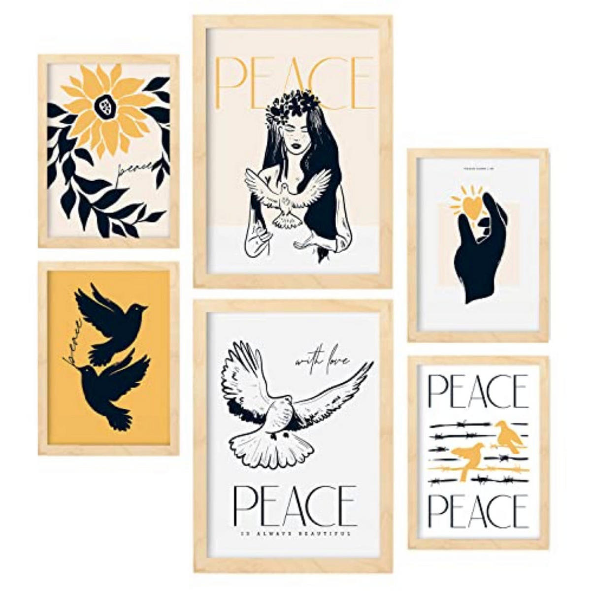 POSTER Set Mit 6 In Schwarzer Tinte Frieden Und Liebe Kunstdrucke Von Meer Und Ozean Für Innenarchitektur A3 & A4 Rahmen Aus Hellem Holz - Beige, Papier (29/3cm) - Nacnic