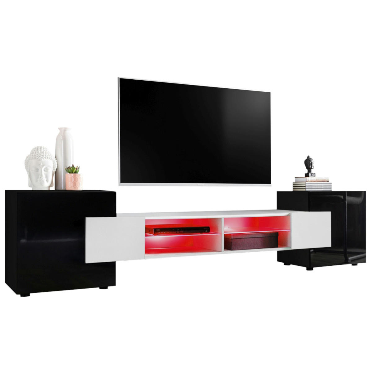 LOWBOARD MERANO Black, LED Beleuchtung Mehrfarbige - Schwarz/Weiß, Glas/Holzwerkstoff (230/52.5/35cm) - Komodee