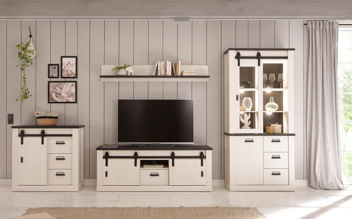 VITRINE weiß Pinie, anthrazit, Landhaus, Vitrinenschrank 93 x 201 cm - Anthrazit/Weiß, Holzwerkstoff/Metall (93/201/38cm) - Furn.Design