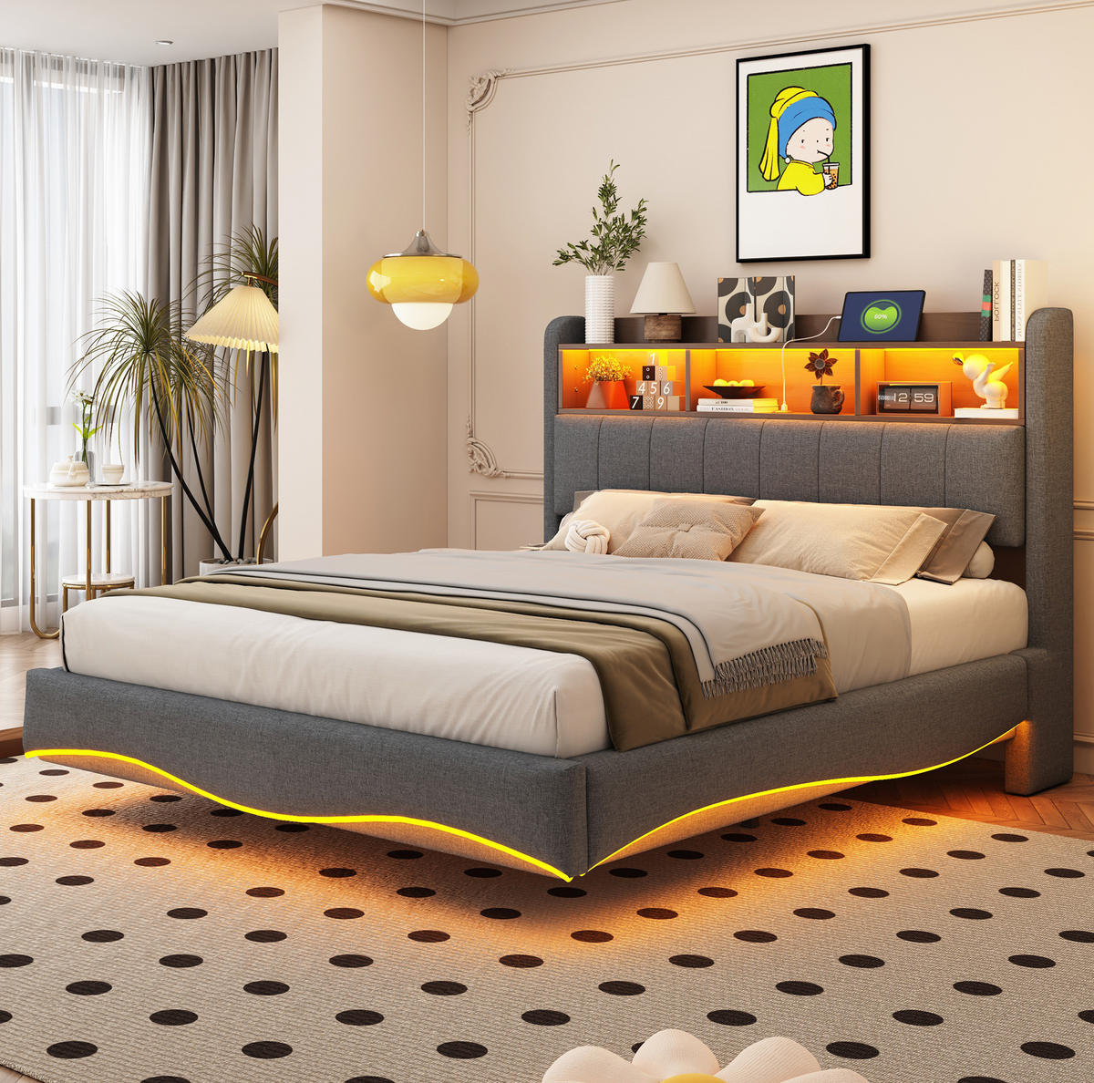 ČALÚNENÁ posteľ z látky a kovu 140x200 cm sivá s LED osvetlením, USB a USB-C portom, úložným priestorom - sivá, textil (140/200cm) - Modfu